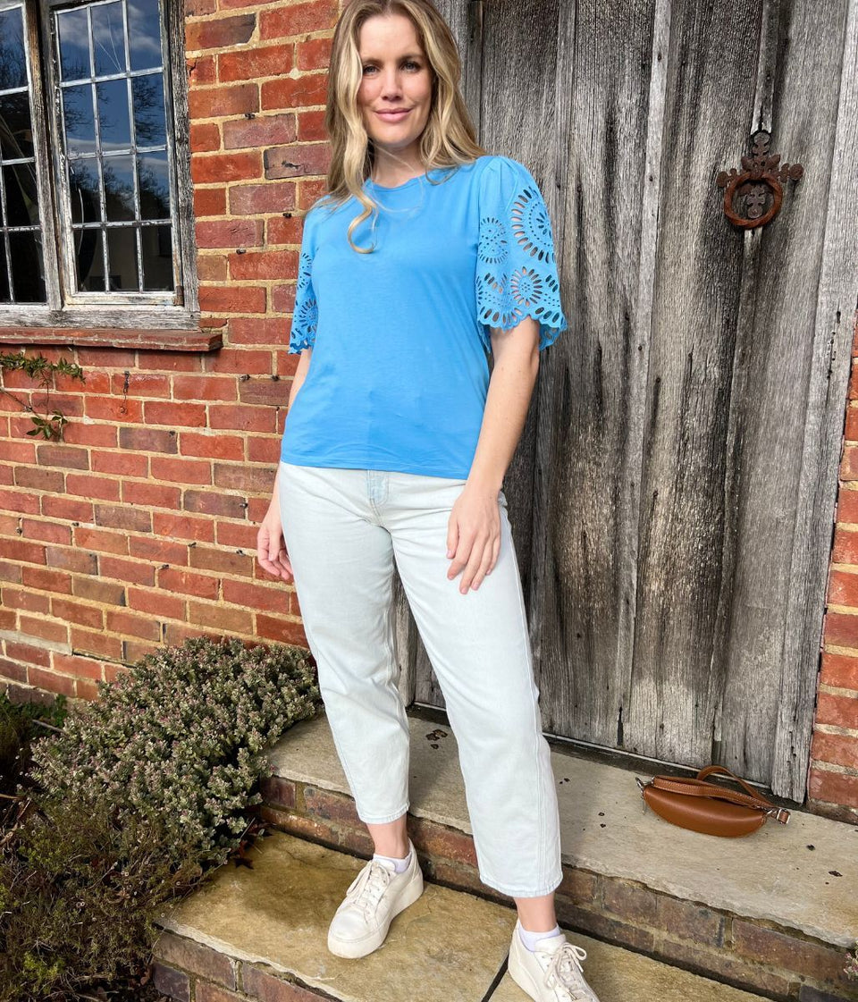 Blue Anglaise Detail Sleeve Cotton Top