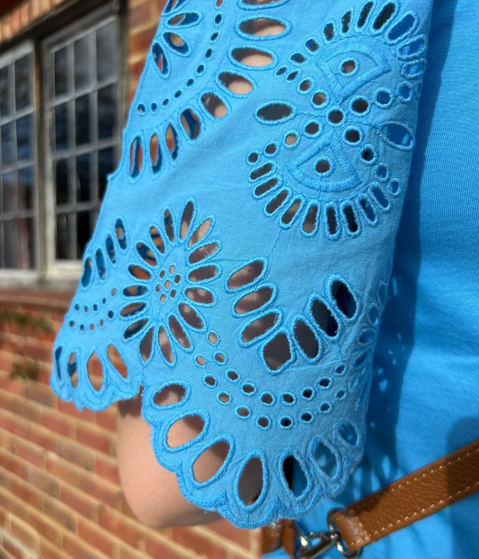 Blue Anglaise Detail Sleeve Cotton Top