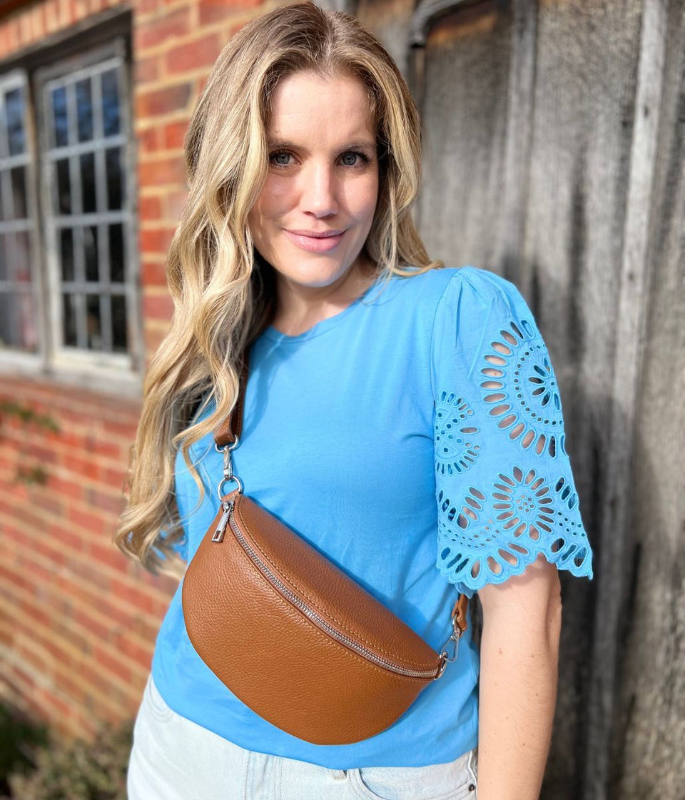 Blue Anglaise Detail Sleeve Cotton Top