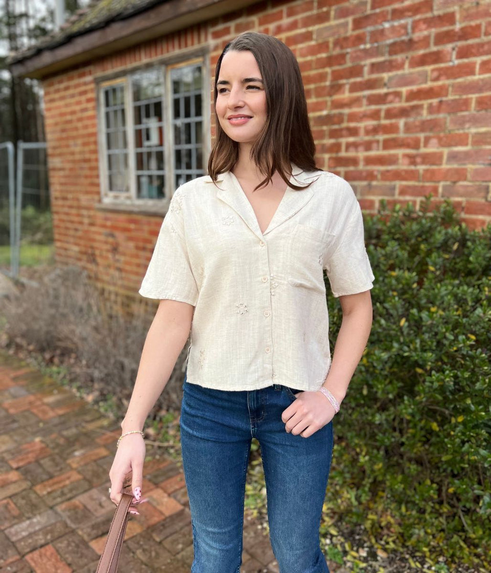 Linen Blend Short Sleeve Embellished Shirt