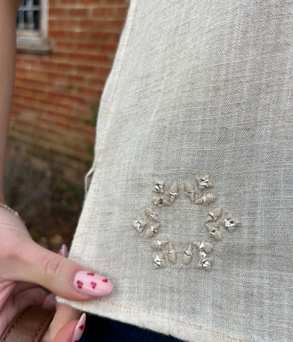 Linen Blend Short Sleeve Embellished Shirt