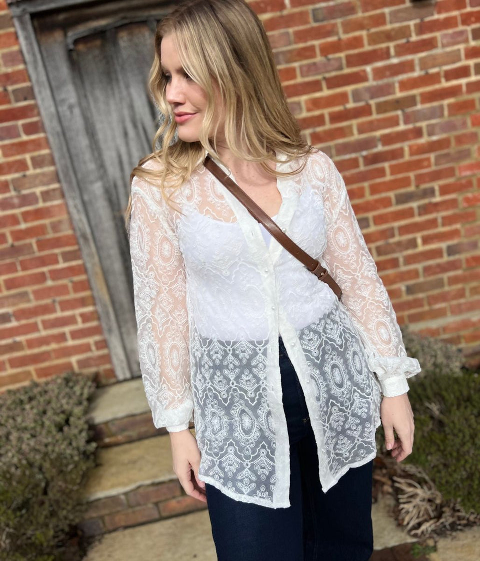 White Valentina Sheer Lace Shirt