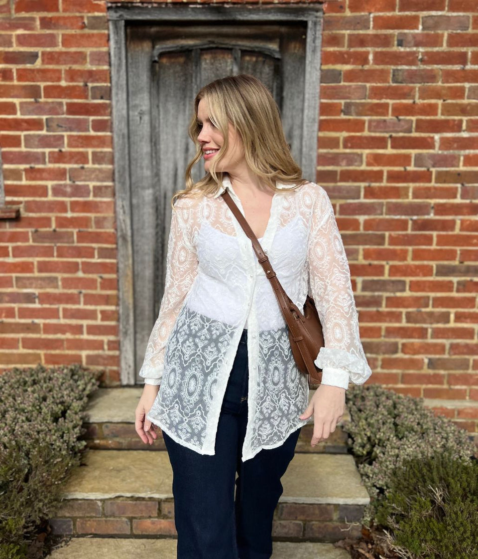 White Valentina Sheer Lace Shirt