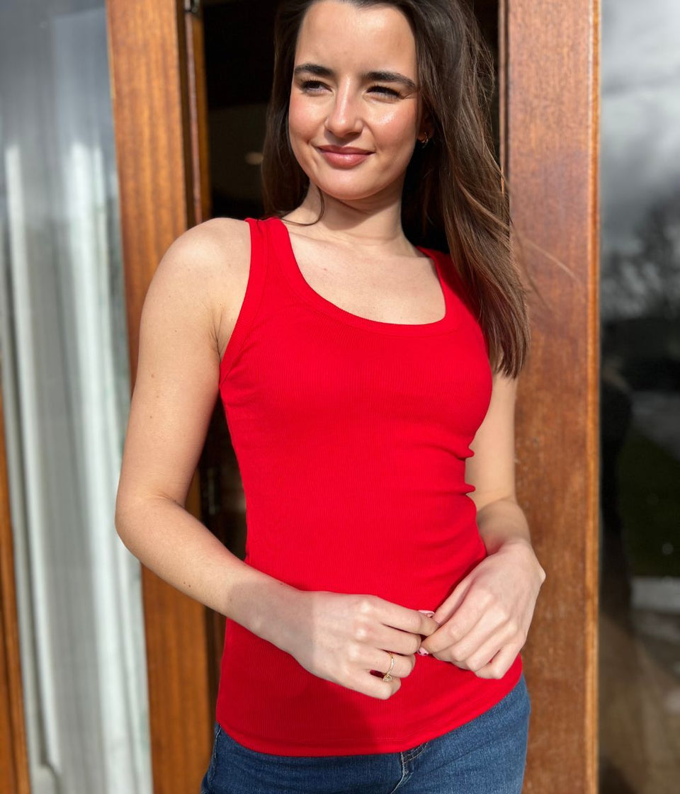 Red Scoop Neck Ribbed Vest Top