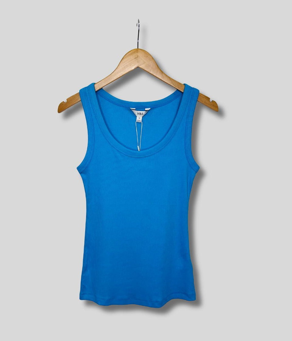 Blue Scoop Neck Ribbed Vest Top