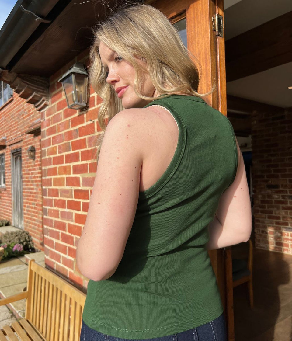 Dark Green Scoop Neck Racer Back Ribbed Vest Top