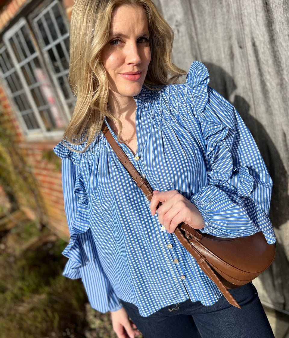 Blue Striped Ruffle Collar Cotton Blouse