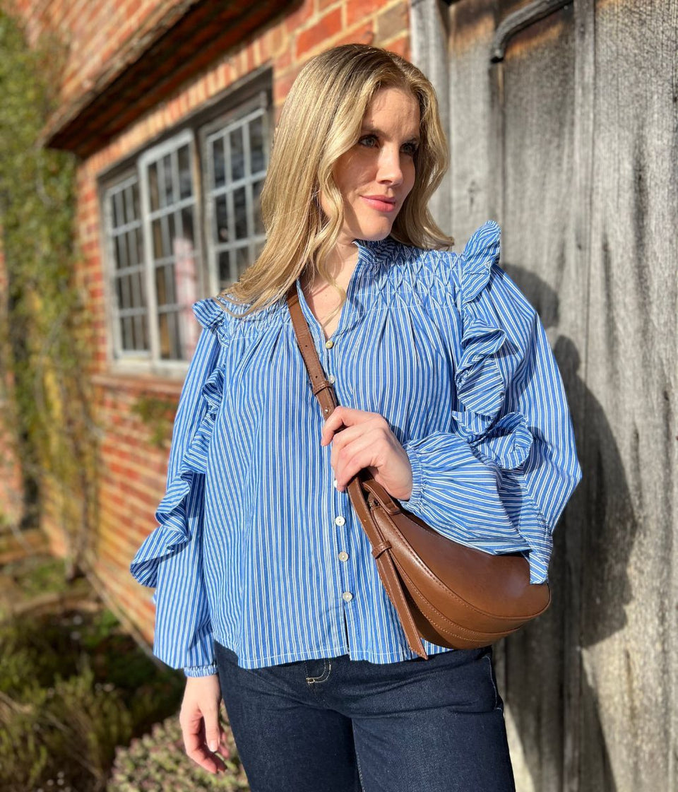 Blue Striped Ruffle Collar Cotton Blouse