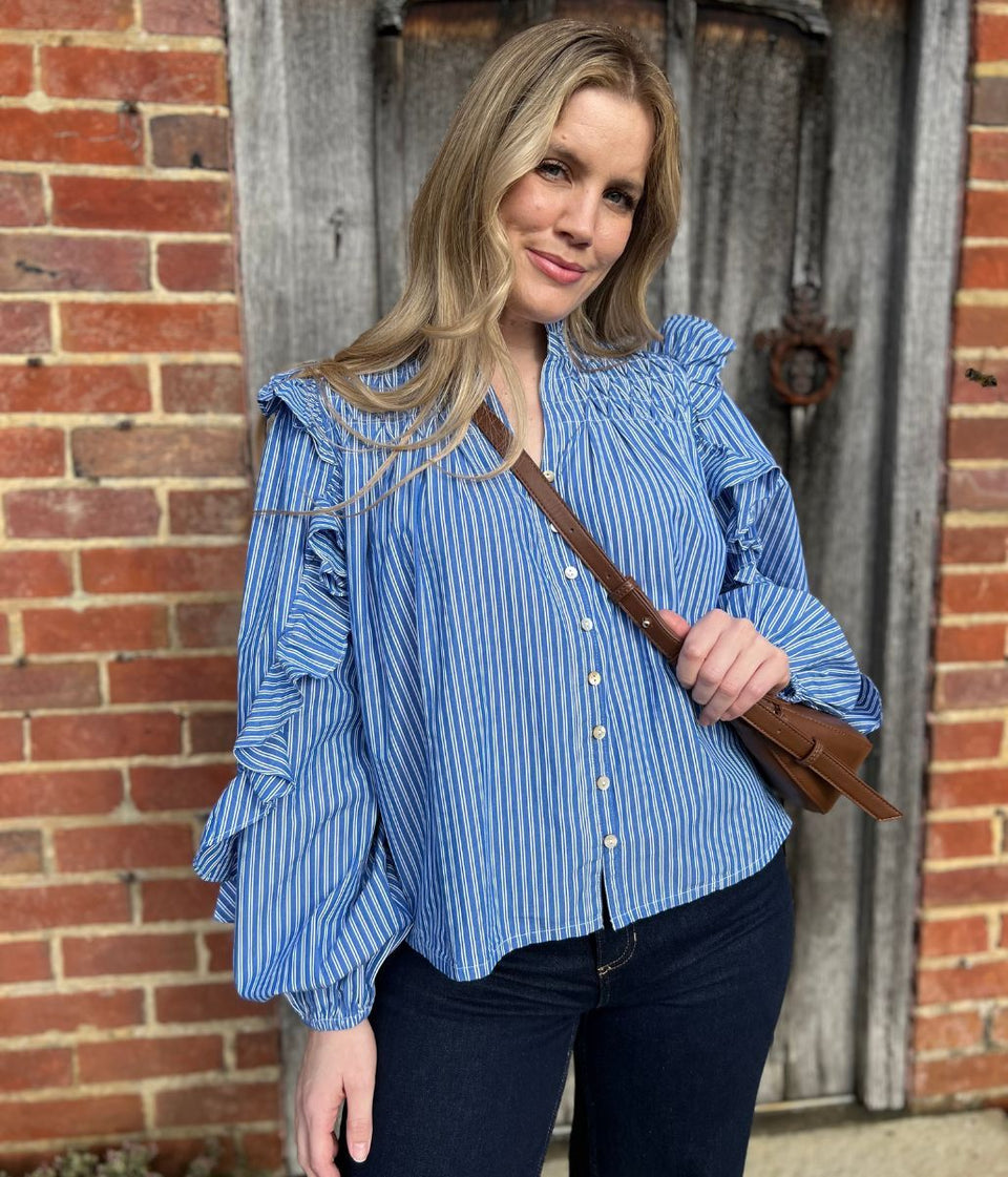Blue Striped Ruffle Collar Cotton Blouse