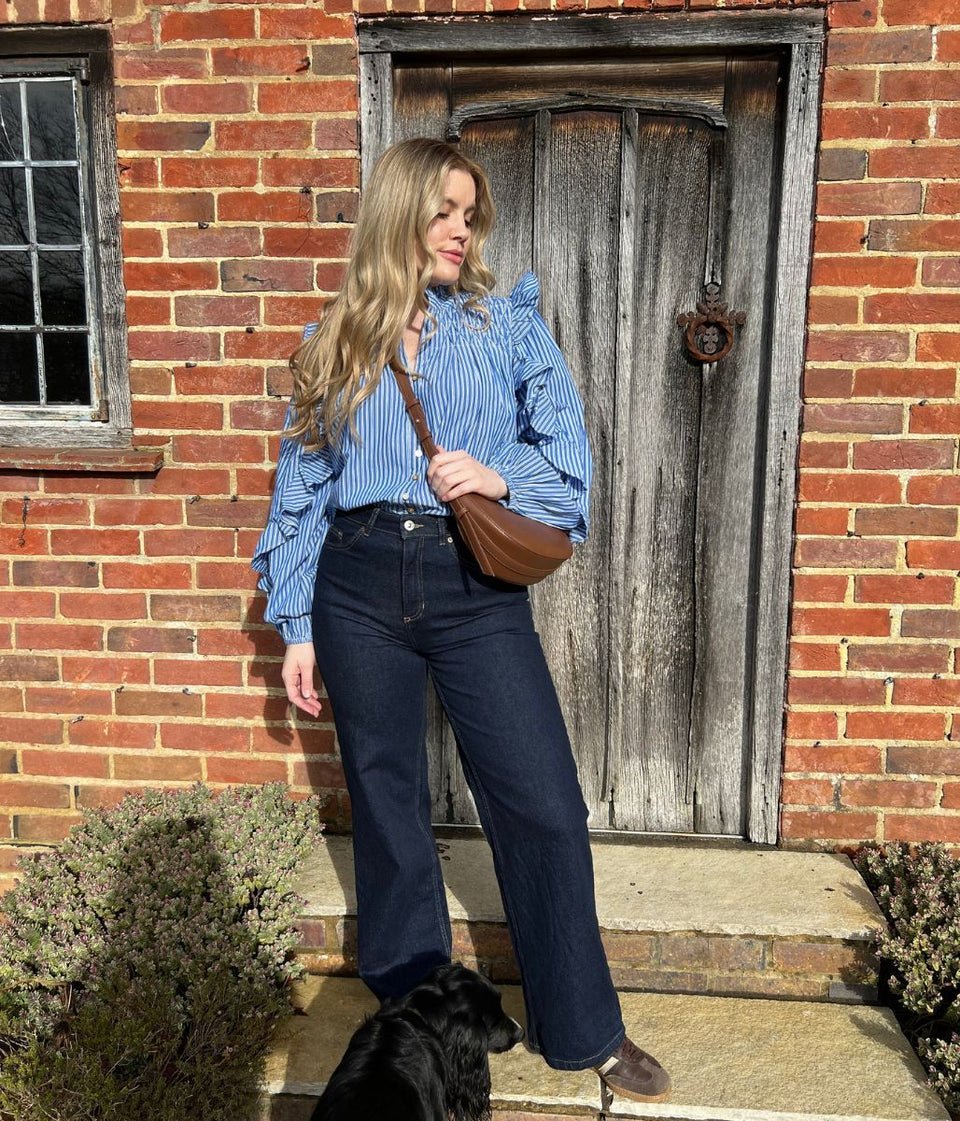 Blue Striped Ruffle Collar Cotton Blouse