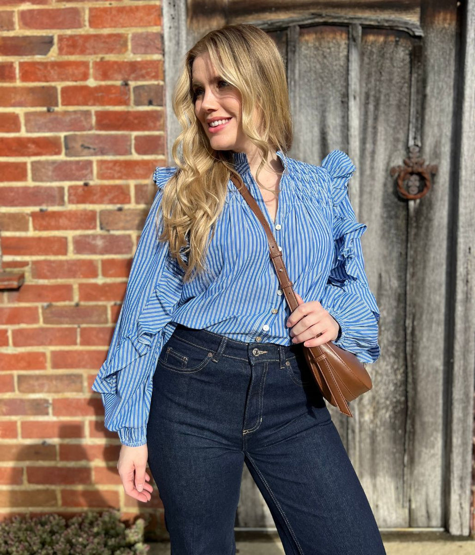 Blue Striped Ruffle Collar Cotton Blouse