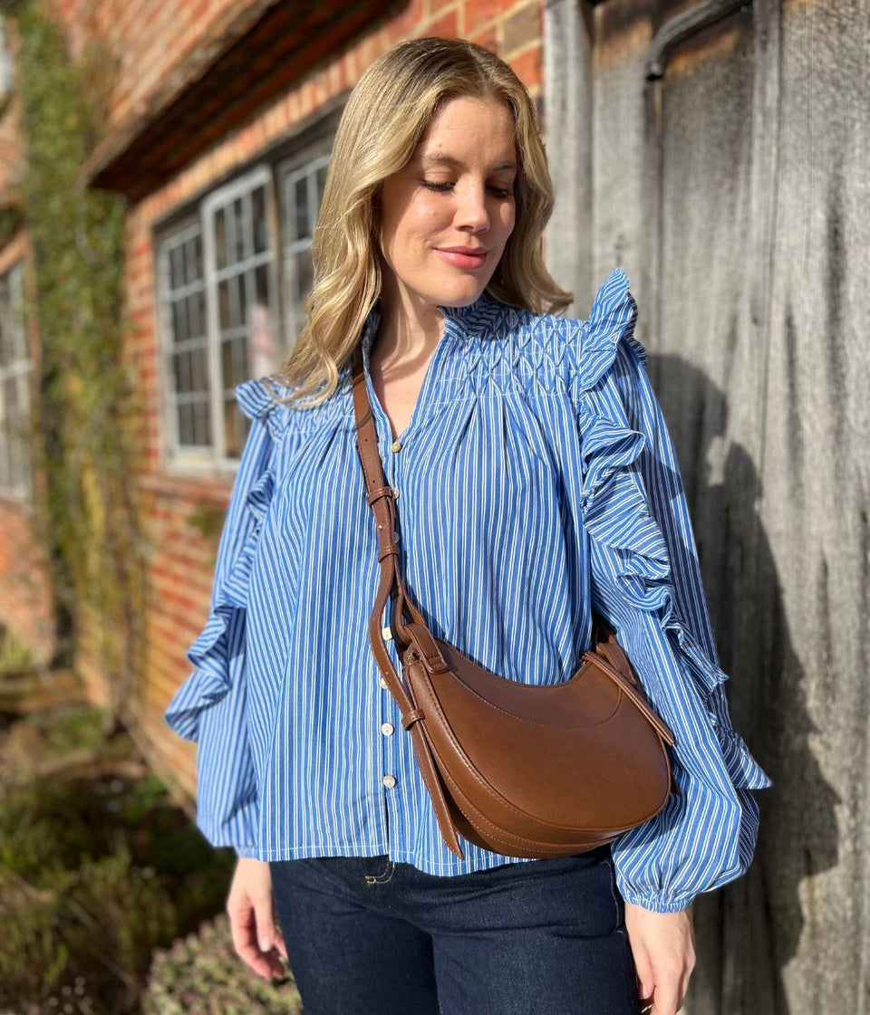 Blue Striped Ruffle Collar Cotton Blouse