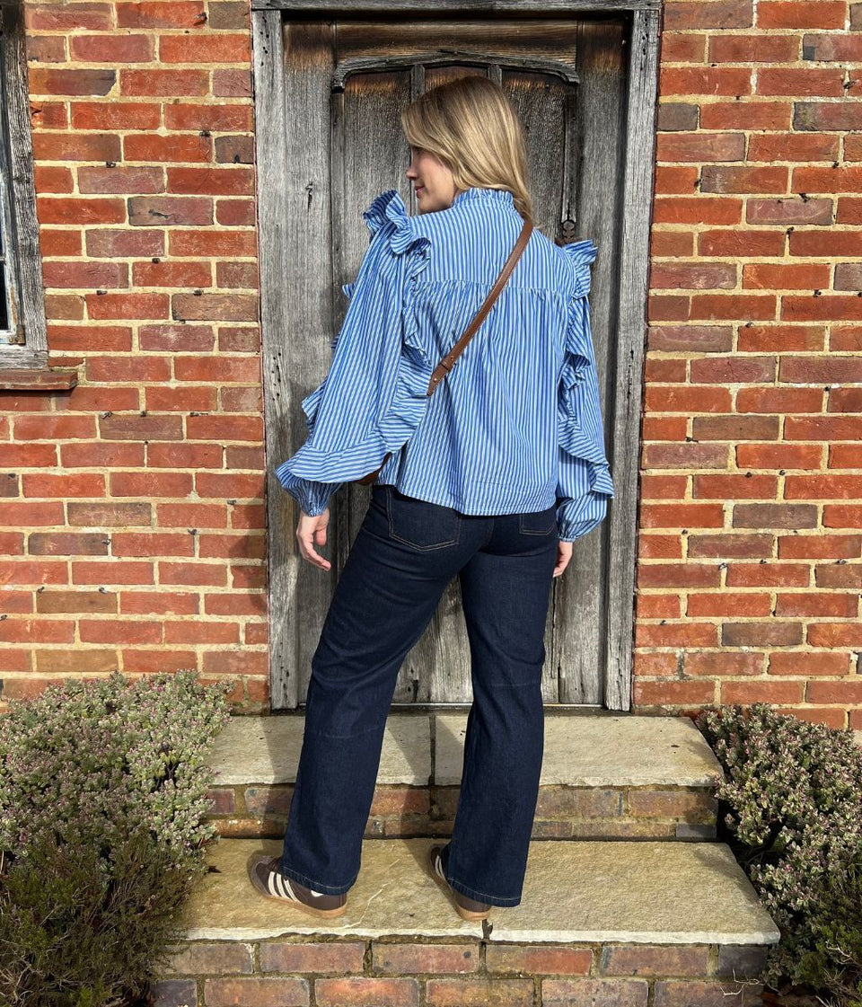 Blue Striped Ruffle Collar Cotton Blouse