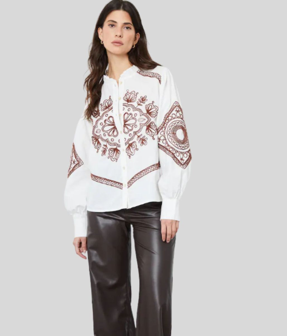 Ecru Embroidered Cotton Blouse