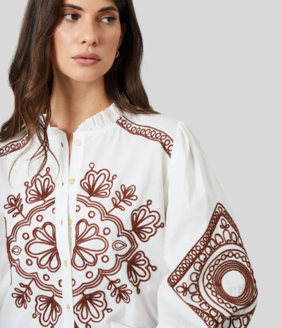 Ecru Embroidered Cotton Blouse