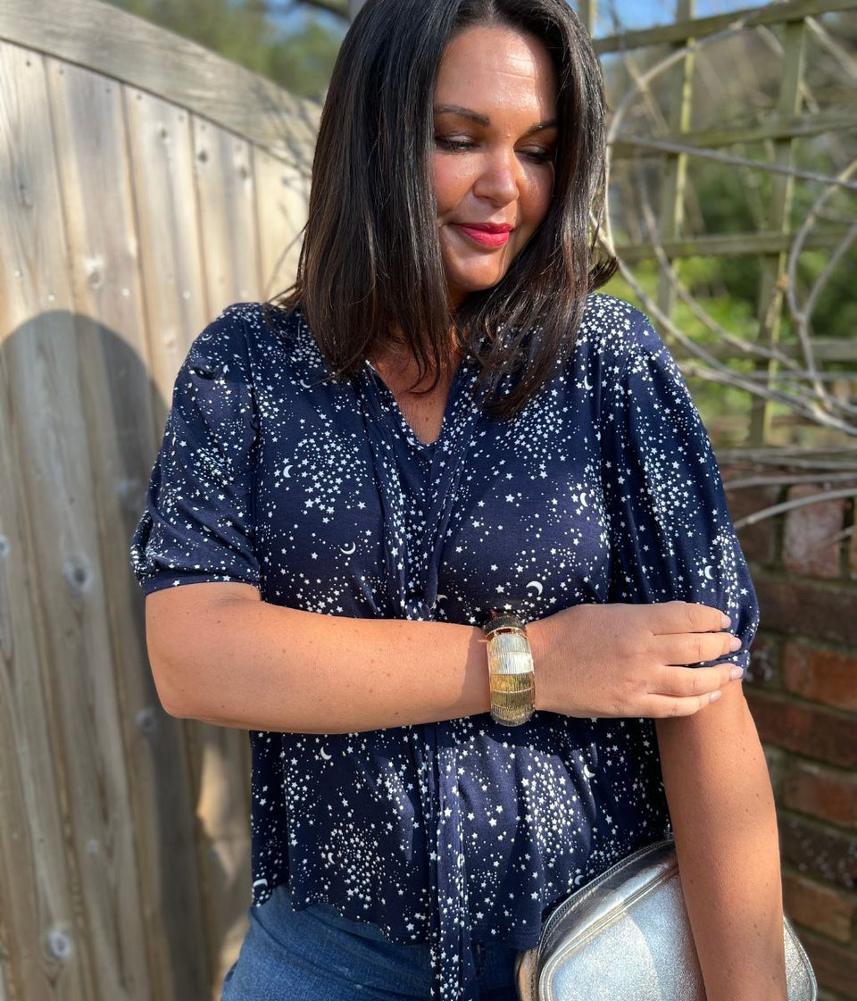 Navy Moon & Stars Tie Neck Top