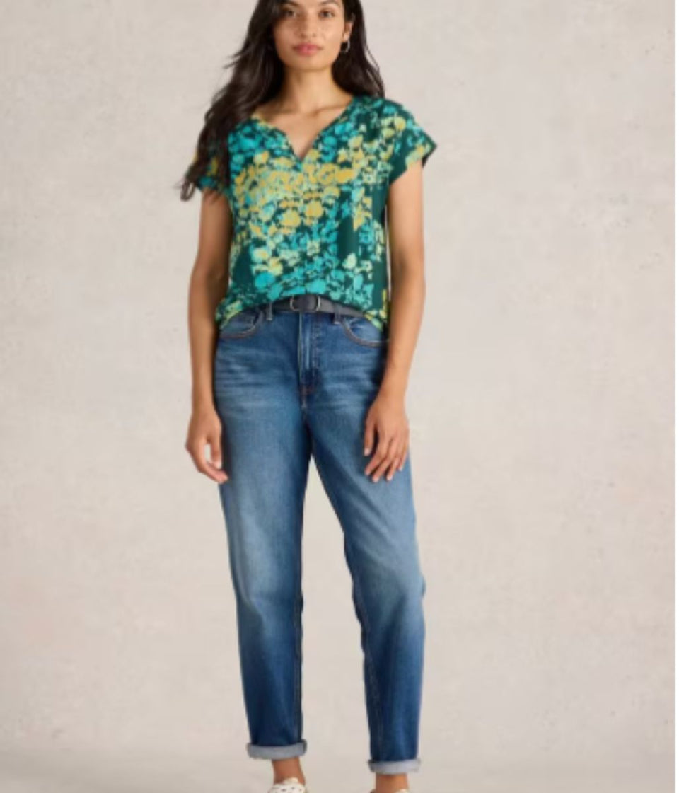 Teal Nelly Printed Notch Neck Tee