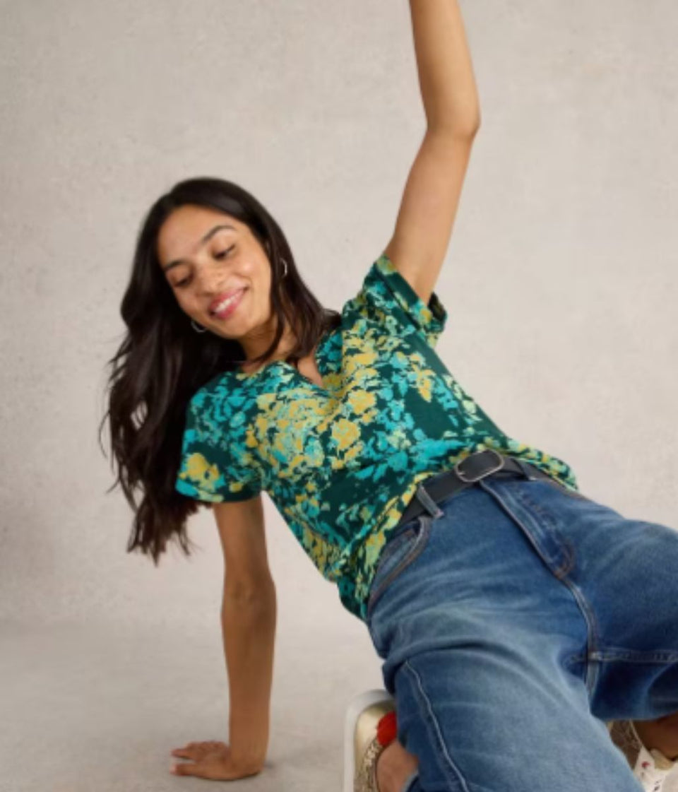 Teal Nelly Printed Notch Neck Tee