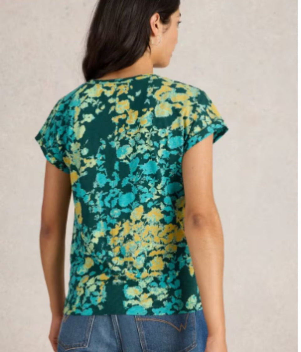 Teal Nelly Printed Notch Neck Tee