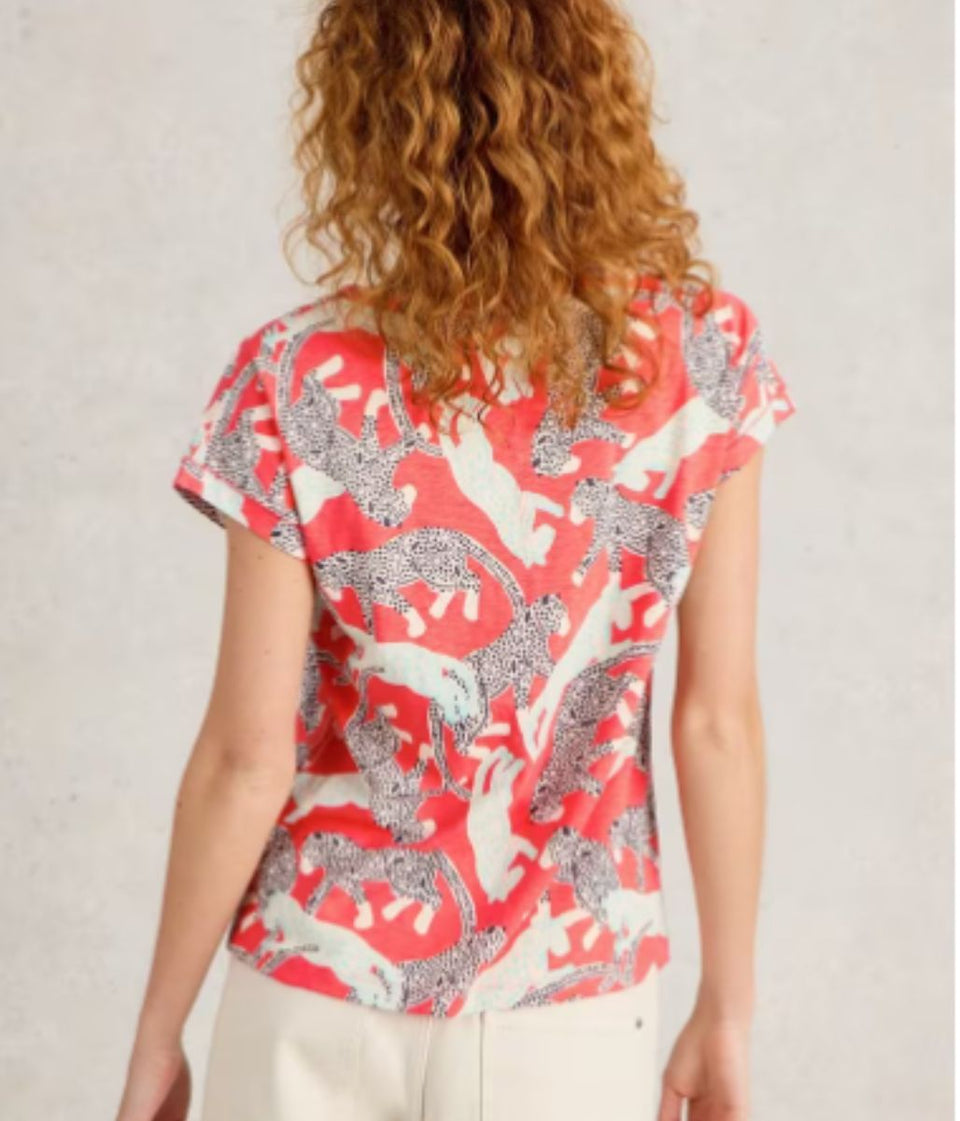 Orange Nelly Printed Notch Neck Tee