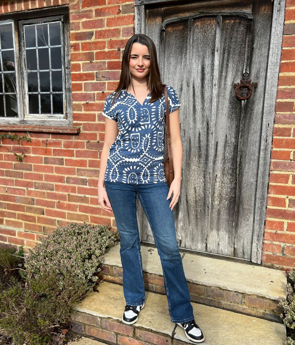 Navy Nelly Printed Notch Neck Tee