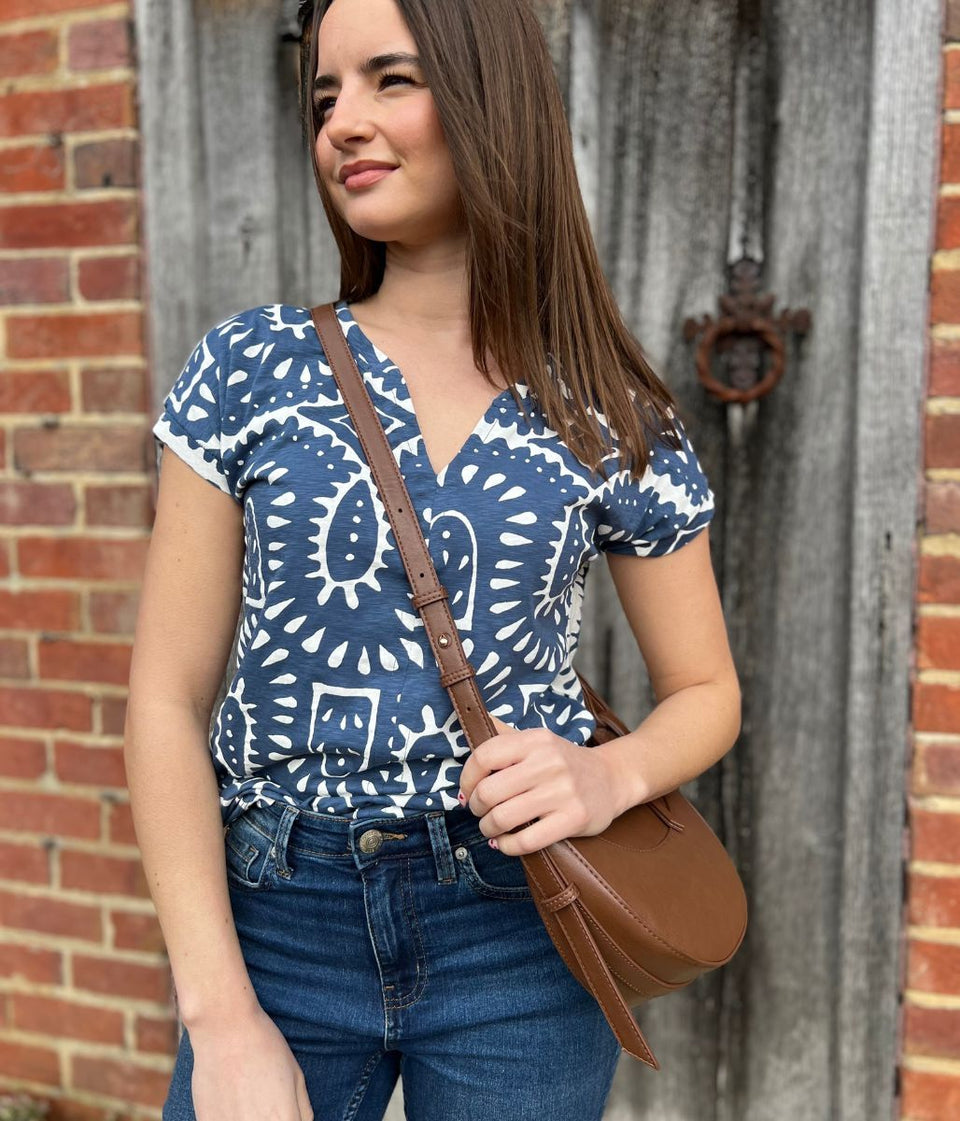 Navy Nelly Printed Notch Neck Tee