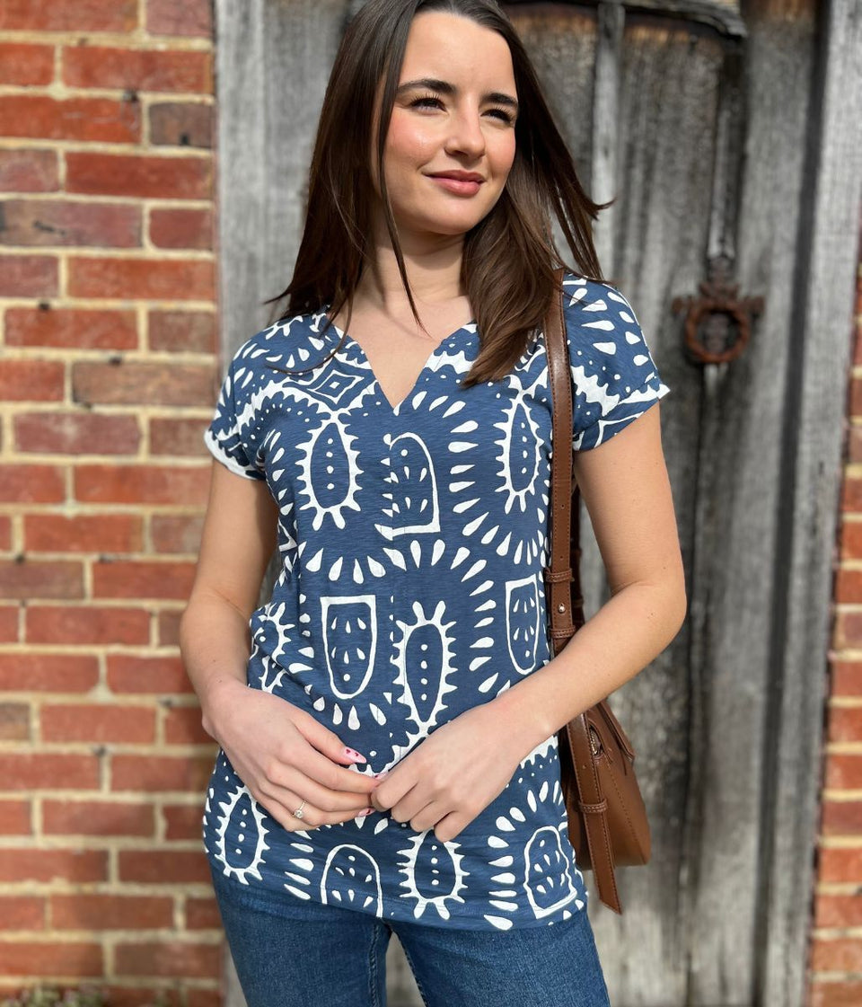 Navy Nelly Printed Notch Neck Tee