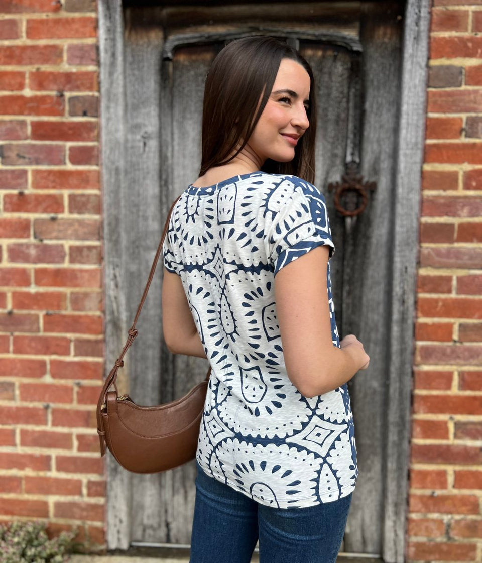 Navy Nelly Printed Notch Neck Tee