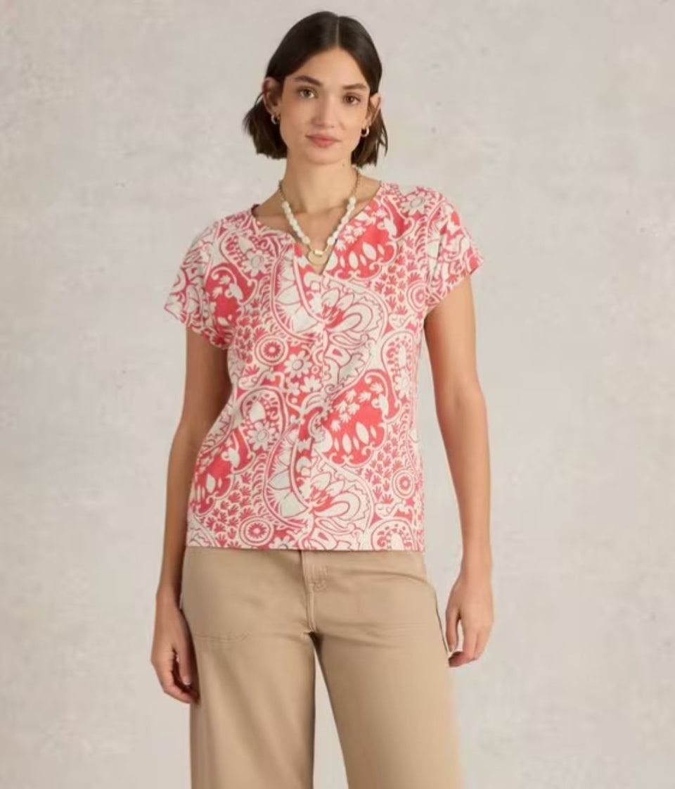 Coral Nelly Printed Notch Neck Tee