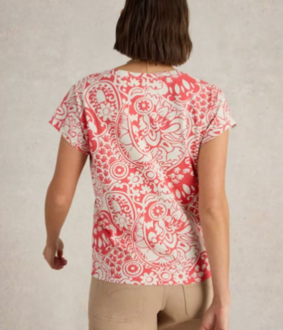 Coral Nelly Printed Notch Neck Tee