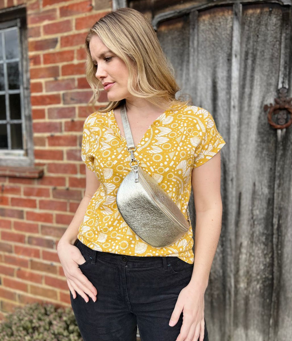 Mustard Nelly Printed Notch Neck Tee