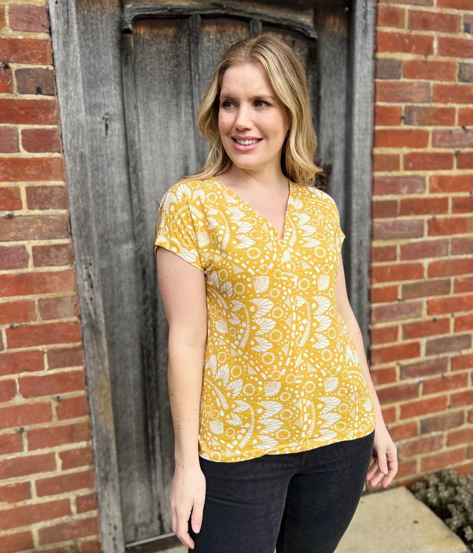 Mustard Nelly Printed Notch Neck Tee