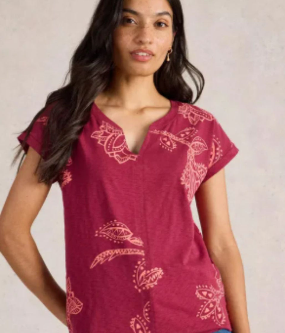 Burgundy Nelly Printed Notch Neck Tee