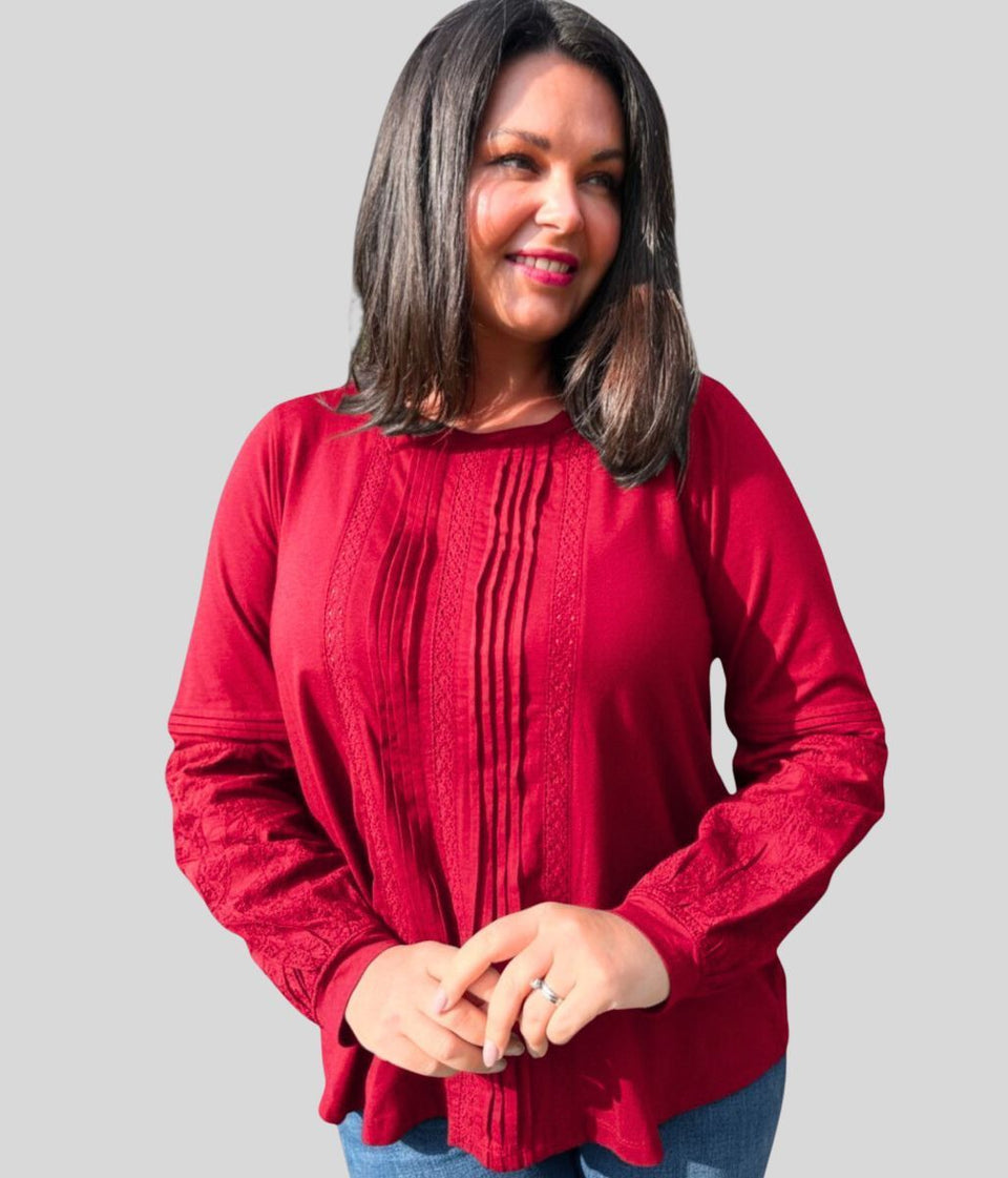 Red Pintuck Long Sleeve Top