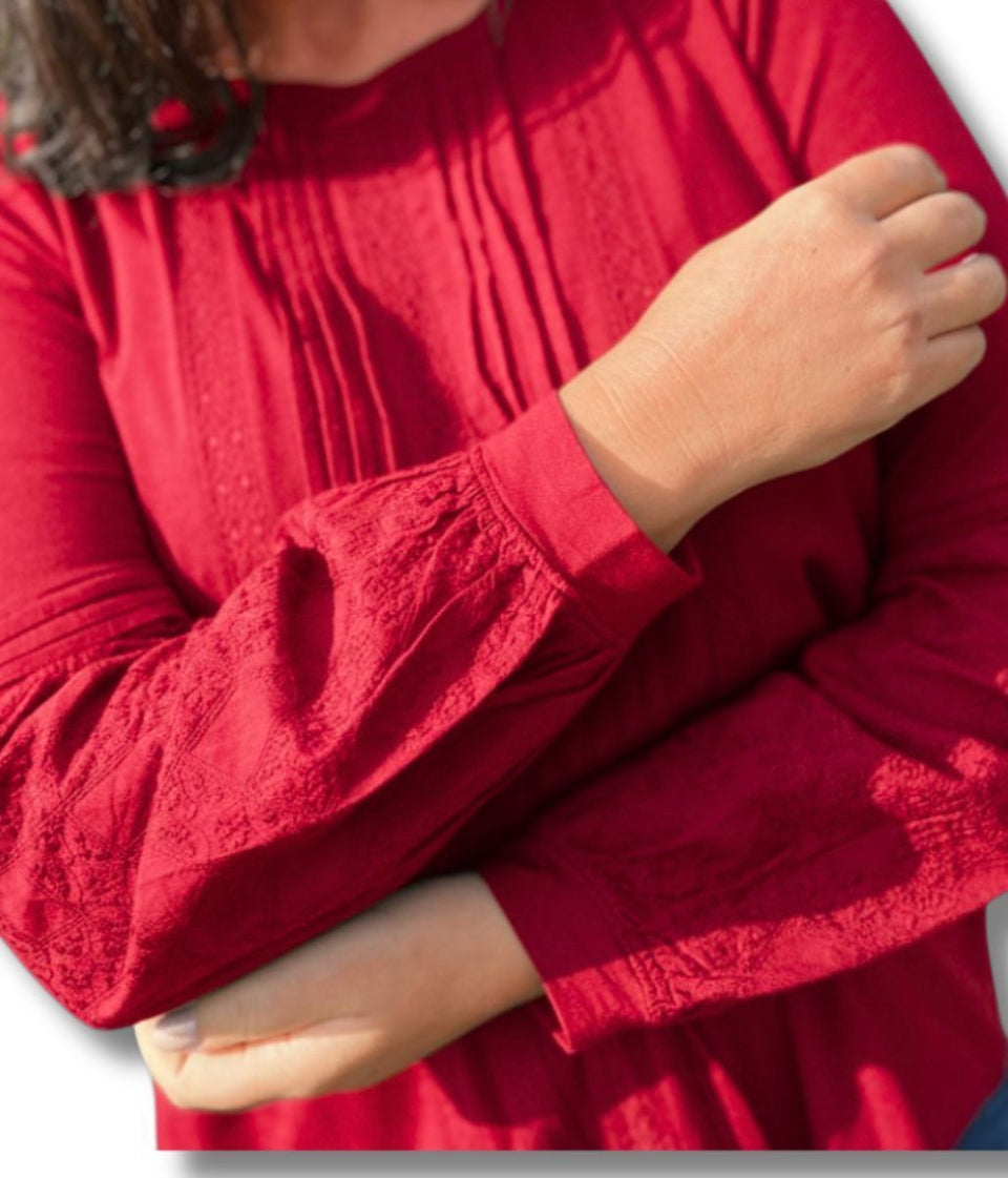 Red Pintuck Long Sleeve Top