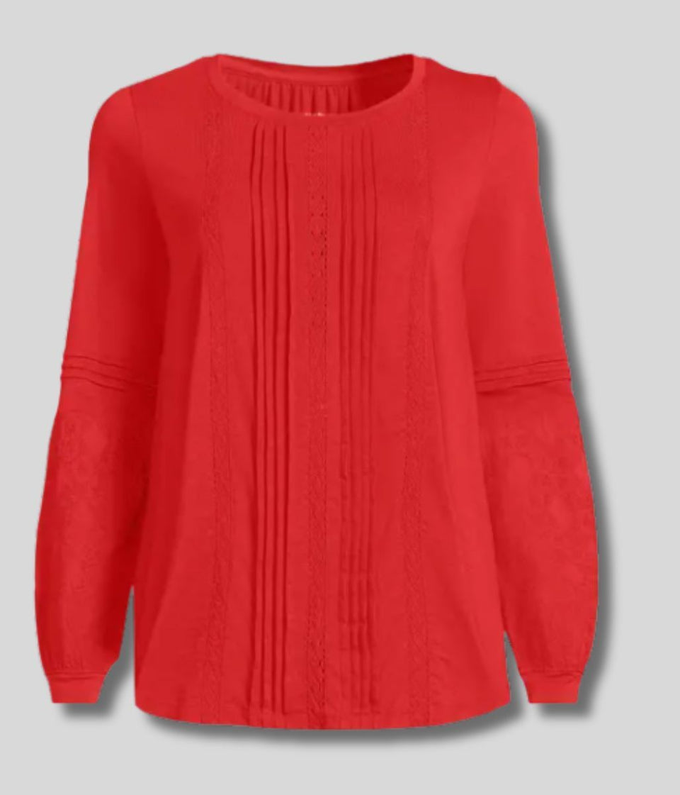 Red Pintuck Long Sleeve Top