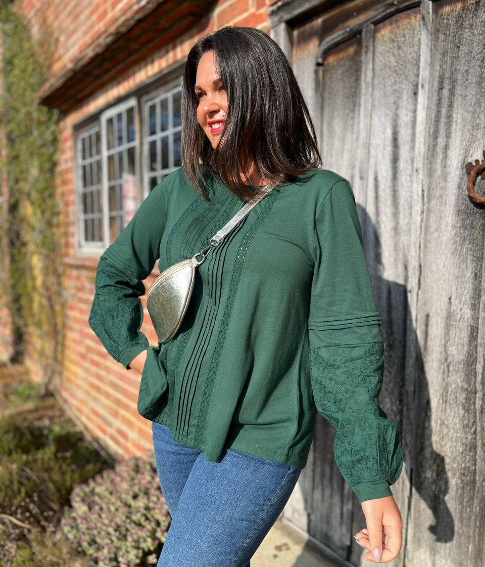 Green Pintuck Long Sleeve Top