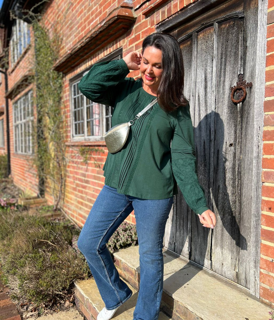 Green Pintuck Long Sleeve Top