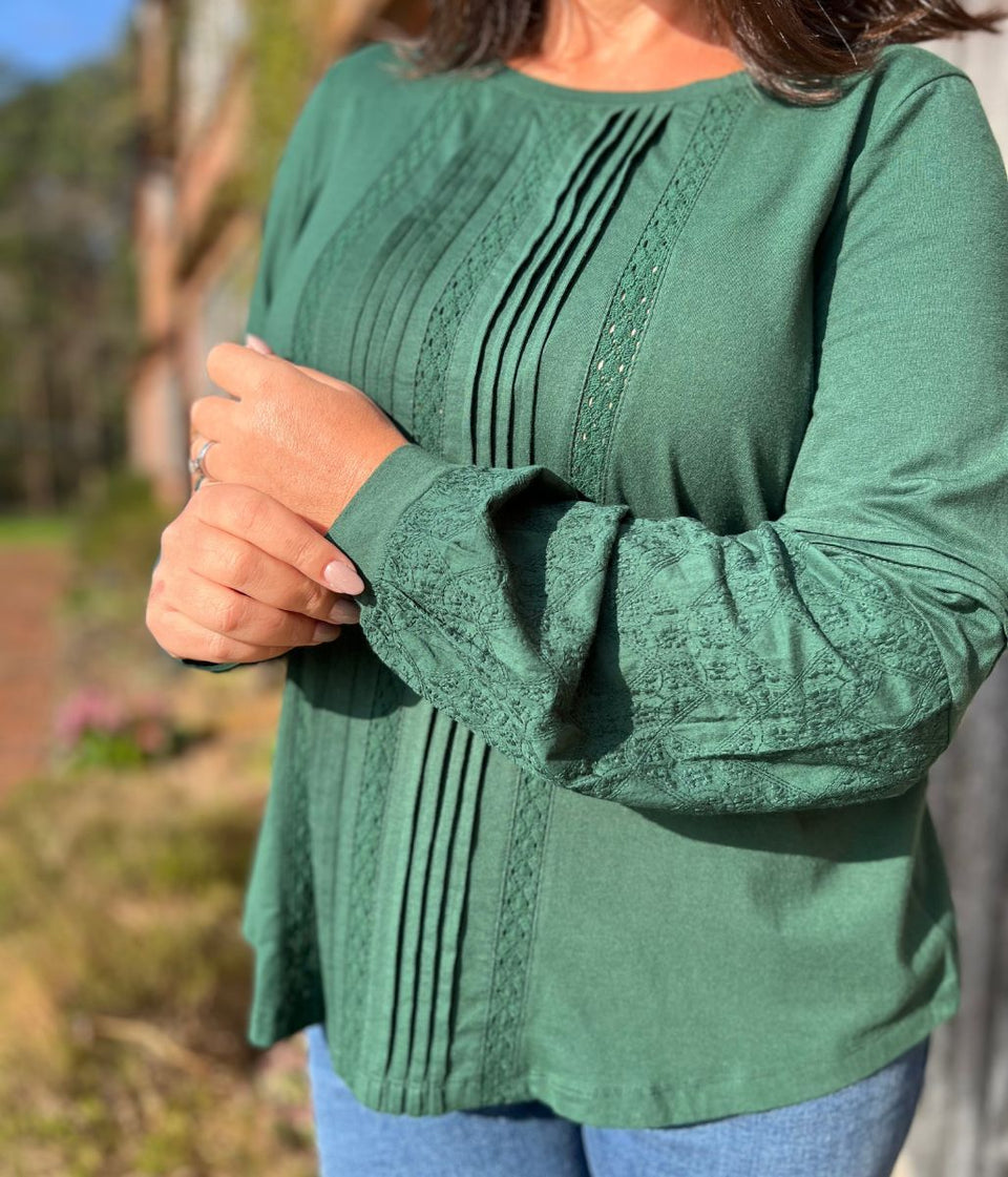 Green Pintuck Long Sleeve Top