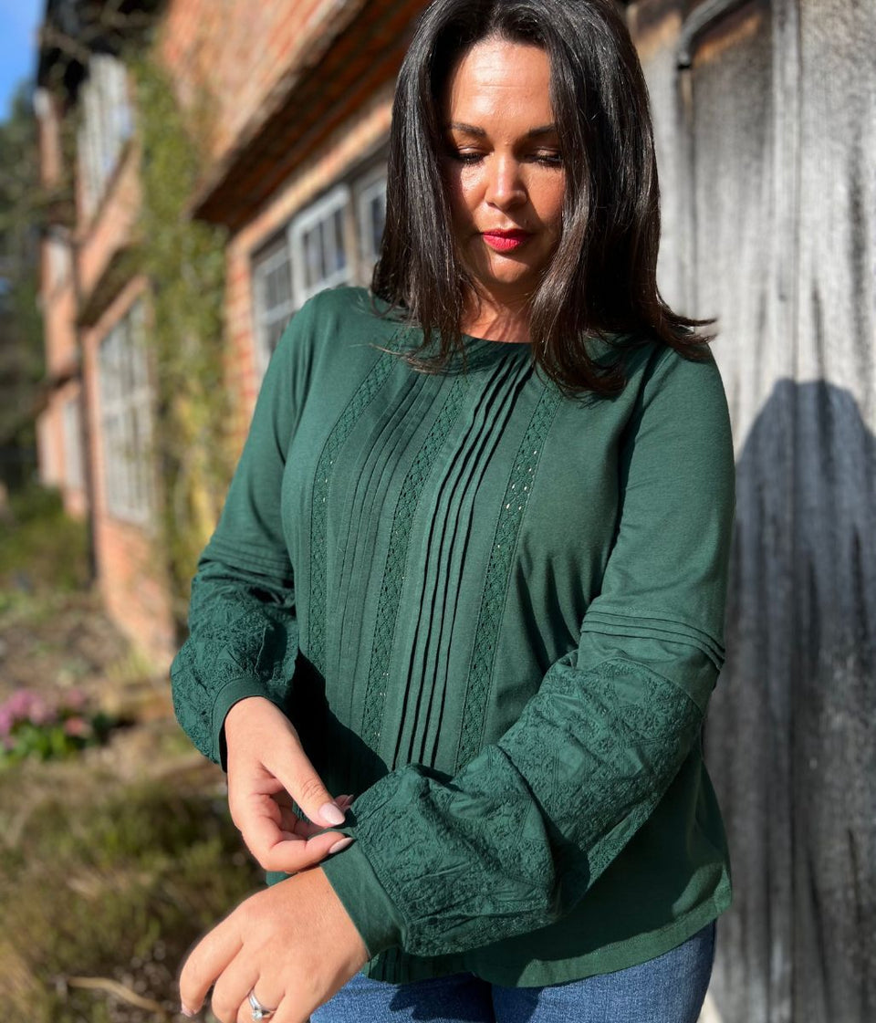 Green Pintuck Long Sleeve Top