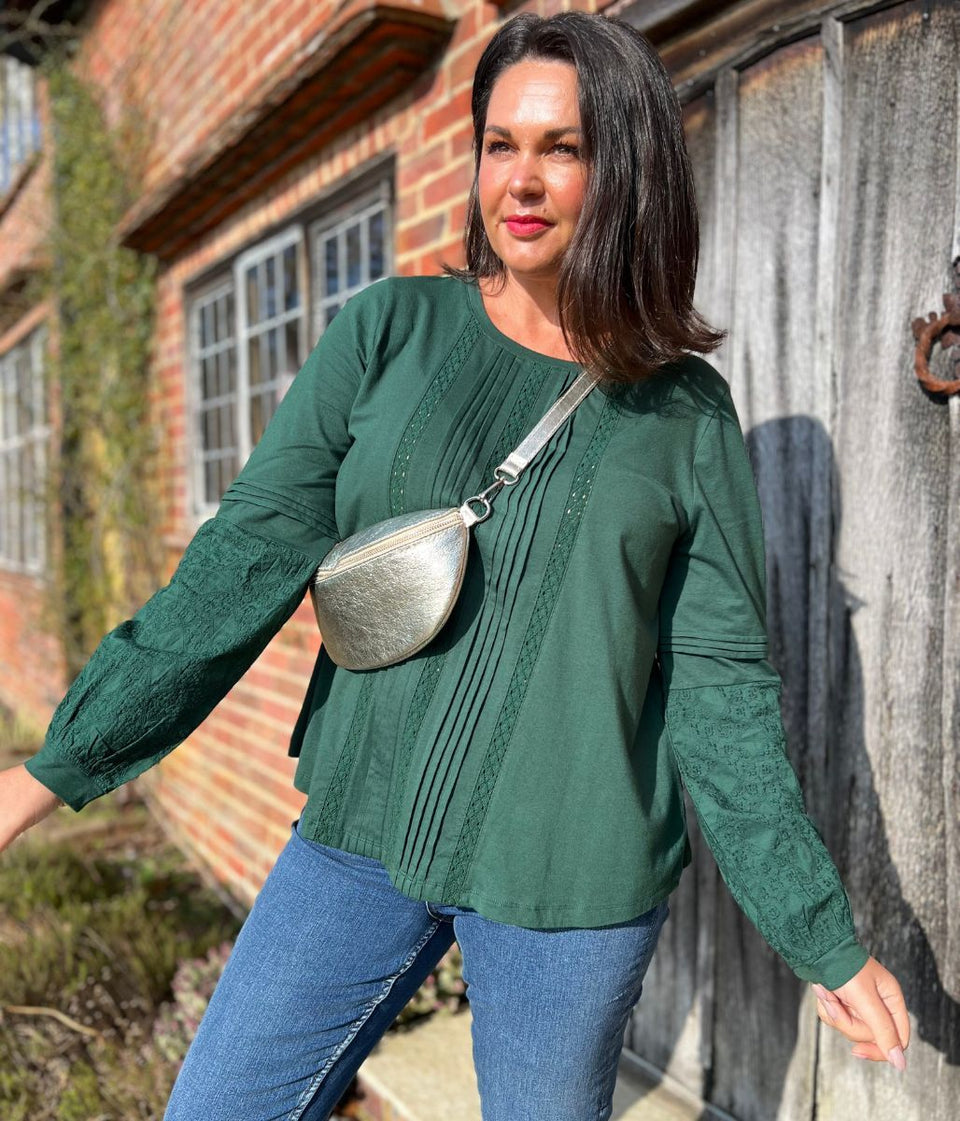 Green Pintuck Long Sleeve Top