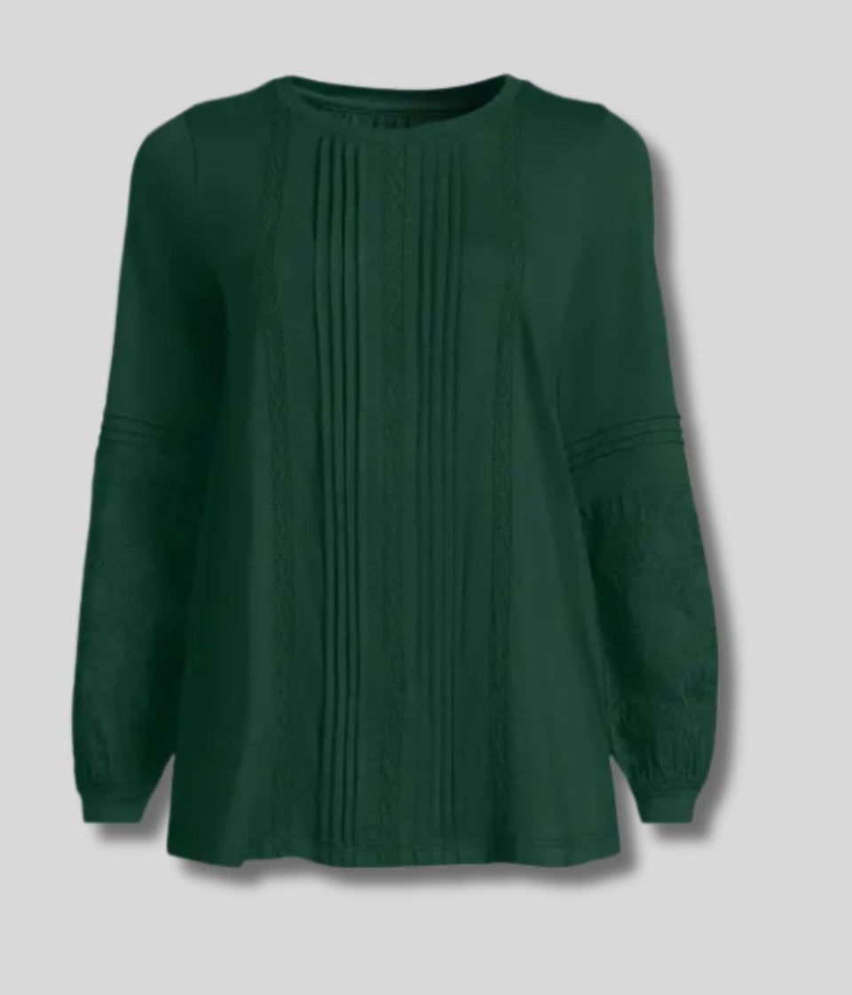 Green Pintuck Long Sleeve Top