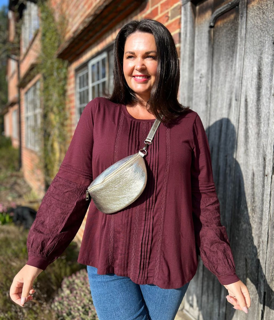 Burgundy Pintuck Long Sleeve Top