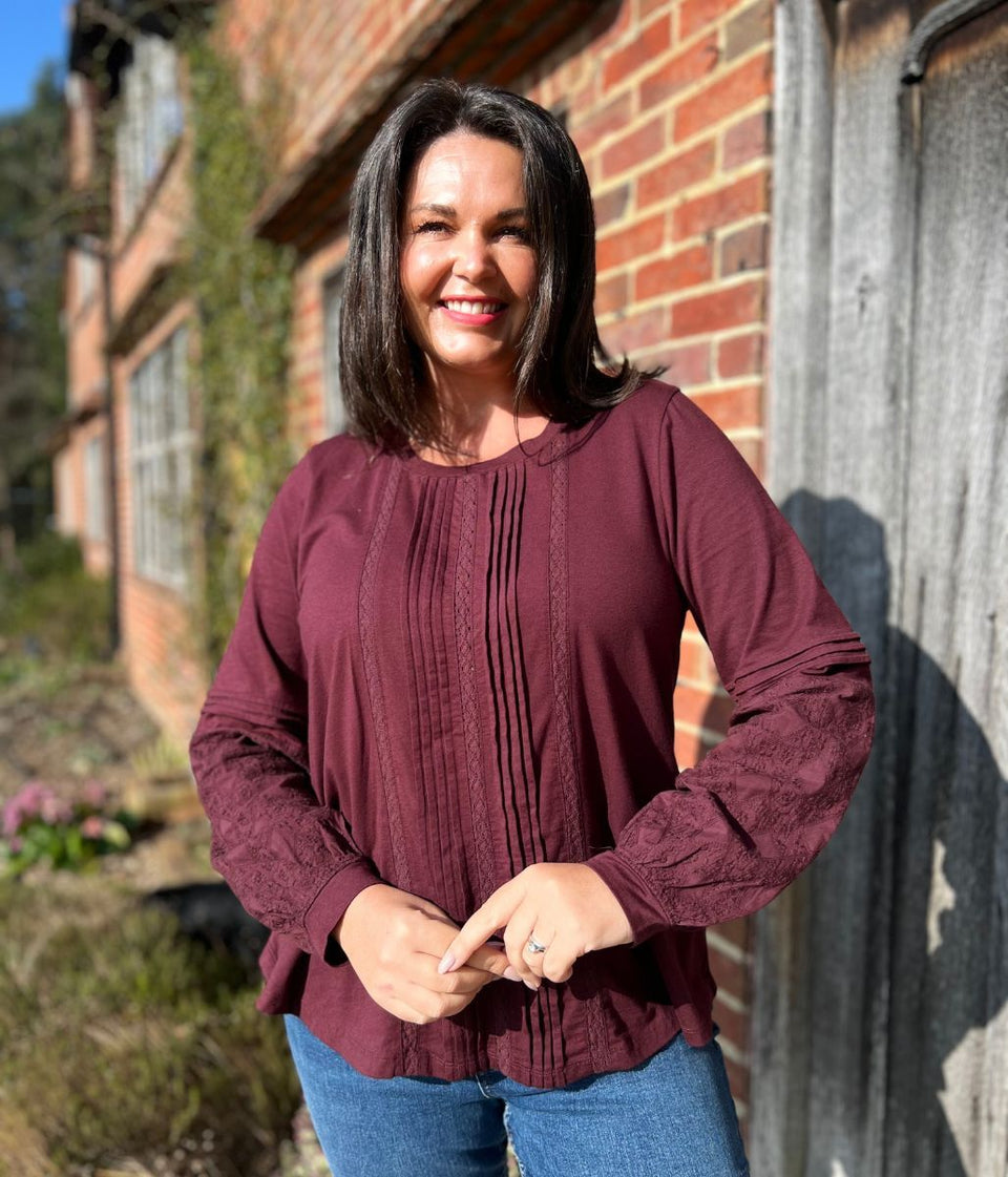 Burgundy Pintuck Long Sleeve Top