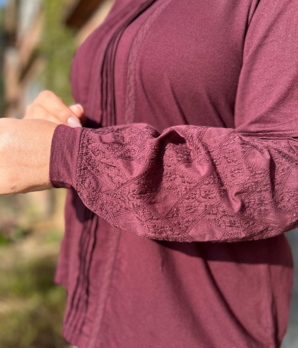 Burgundy Pintuck Long Sleeve Top
