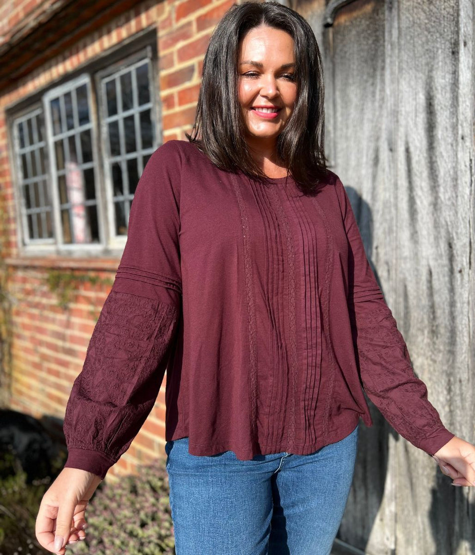 Burgundy Pintuck Long Sleeve Top