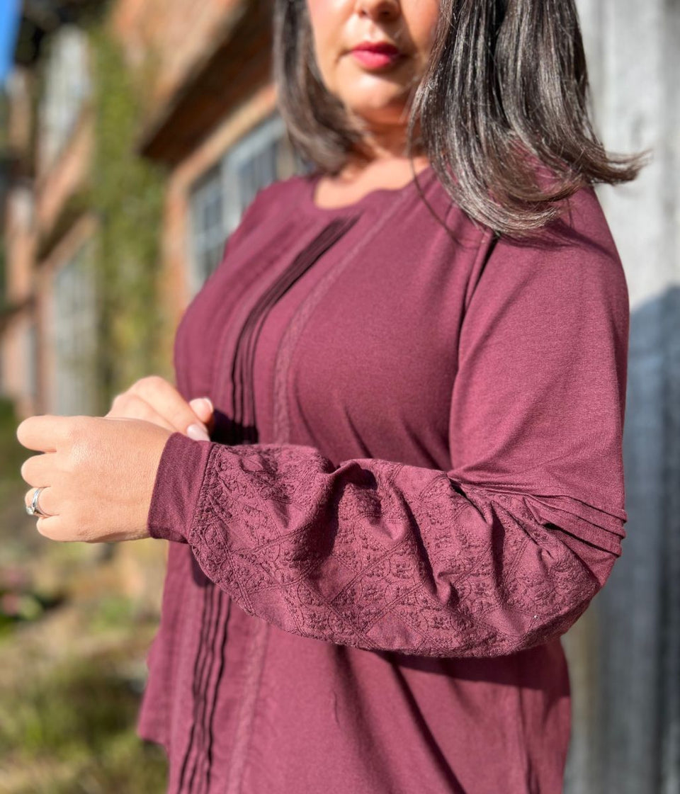 Burgundy Pintuck Long Sleeve Top