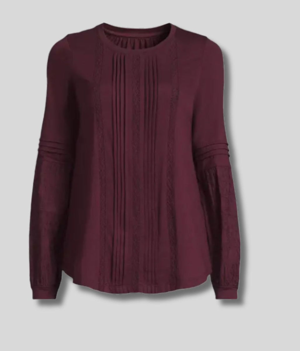 Burgundy Pintuck Long Sleeve Top