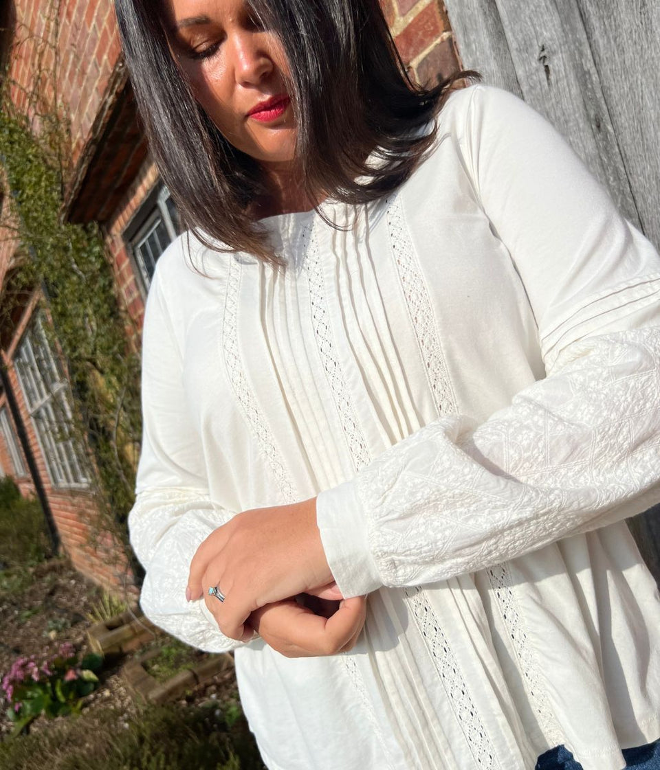 Cream Pintuck Long Sleeve Top