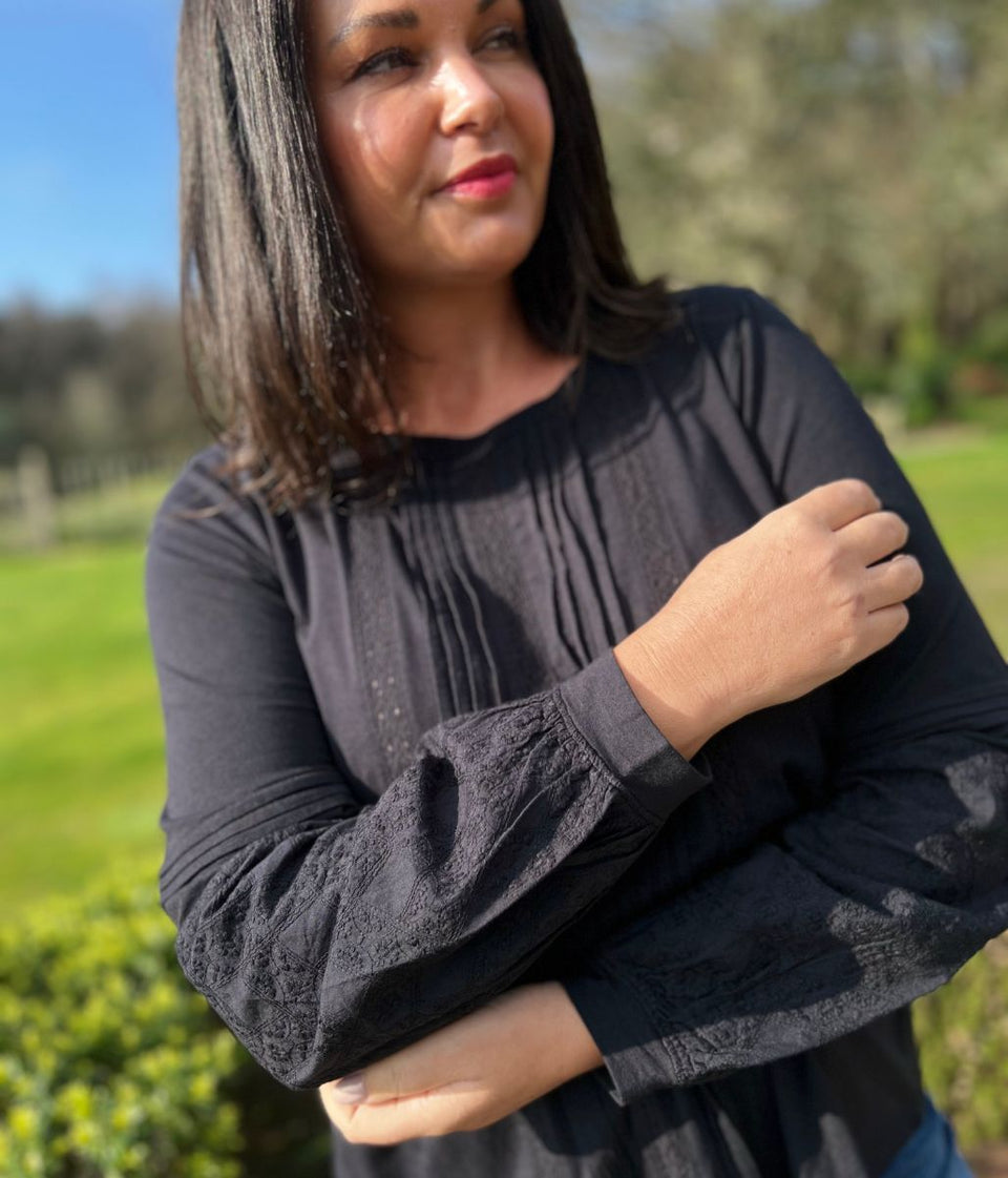 Black Pintuck Long Sleeve Top